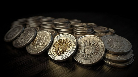在俄罗斯和乌克兰之间日益紧张的局势中，俄罗斯卢布硬币的想象未来经济 3d 渲染