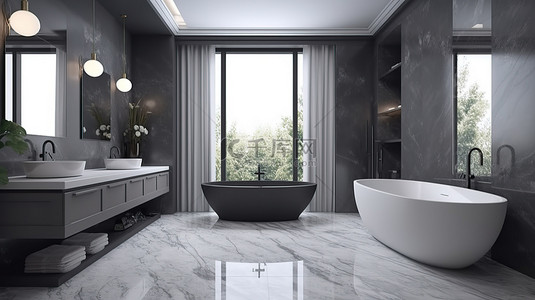 带灰色石浴缸和双洗脸盆的豪华酒店浴室室内场景和模型的 3D 插图