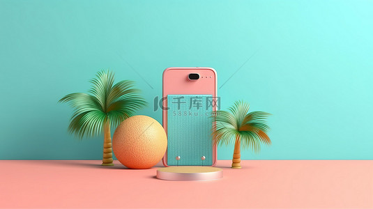 手科技蓝色背景图片_清新简约的夏季灵感 3D 渲染蓝色手机在柔和的背景