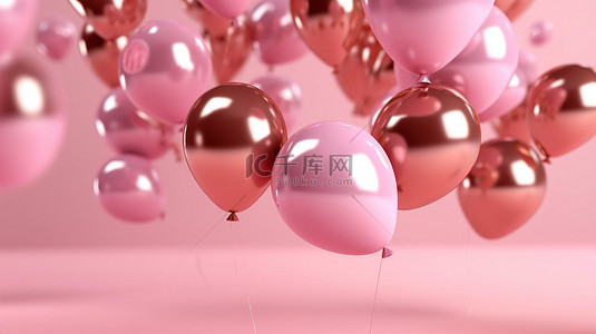 漂浮在玫瑰金抽象背景中的粉色气球型数字的 3D 渲染新年假期概念