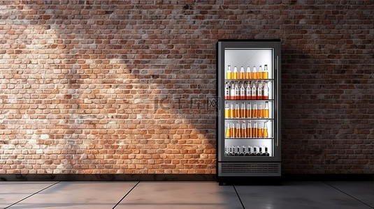 带玻璃门的饮料冷却器靠在砖墙上 3d 渲染