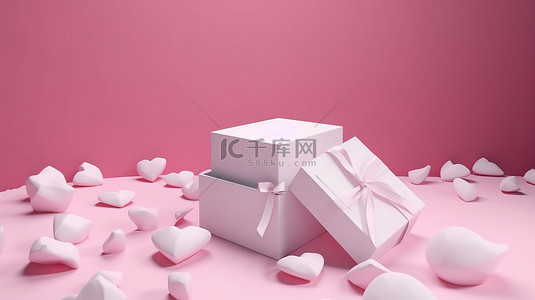 在粉红色背景下以 3D 渲染的心形白色礼品盒