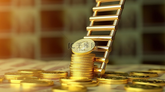 梯子放在一堆十卢布硬币上的 3D 插图，背景中有五千张钞票