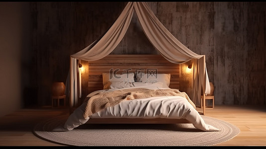 传统室内 3D 渲染插图中的质朴床架