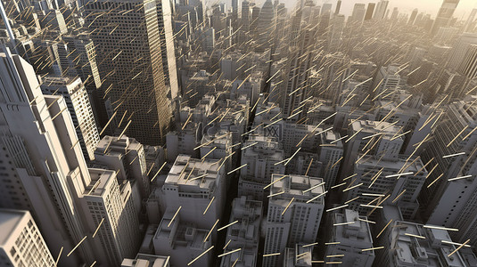3D 金融概念用股票和商业词粒子渲染城市摩天大楼之间的垂直箭头