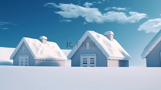 冬季 3d 渲染中的三栋相同房屋，蓝色背景下有积雪覆盖的屋顶和雪堆