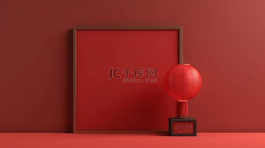 中国灯笼抽象背景下时尚红色显示屏的 3D 渲染