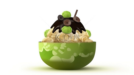 卡通风格 3d 渲染的绿茶巧克力浇头和 bingsu 刨冰冰淇淋在白色背景