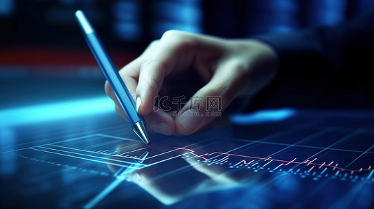 股票蓝色背景背景图片_3D 渲染中手持笔的蓝色触摸屏商业投资图表