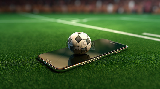 口袋里的足球场在线足球概念，具有 3D 渲染足球和智能手机