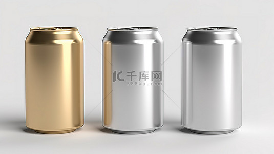 啤酒水滴背景图片_3d 创建的白色背景上带有水滴的空铝罐集合
