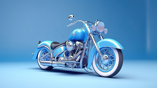 浅蓝色隔离背景上定制蓝色经典摩托车的 3D 渲染