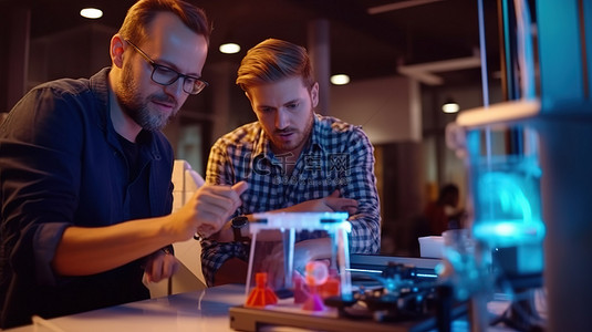 男性专家设计师与同事合作，将灯丝插入 3D 打印机