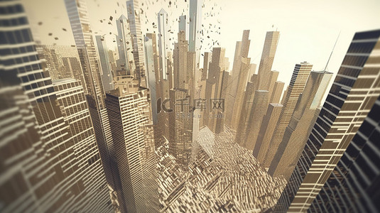 垂直箭头 3d 渲染背景在城市摩天大楼中