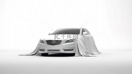 白色背景商务背景图片_神秘轿车是中性背景 3D 渲染中包裹着白色丝绸的隐藏宝藏