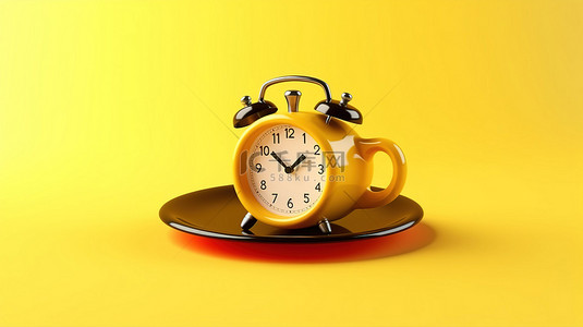 拿铁海报背景图片_3D 渲染中黄色背景上闹钟旁边的一杯黑咖啡叫醒