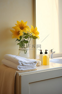 浴室梳妆台水槽一侧的鲜花和毛巾