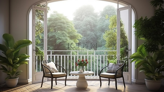 古典客厅的 3D 渲染，从阳台和花园可欣赏户外美景