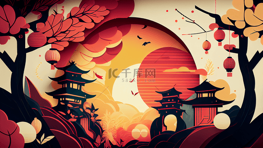 中国建筑古风背景背景图片_月亮楼阁灯笼插画背景