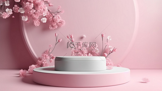 粉红色的春天的花朵装饰着 3D 渲染的圆形基座，带有柔和的背景，非常适合化妆品店展示架