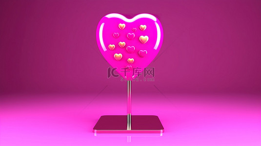 方形语音气泡与粉红心形图标 3D 渲染的爱的插图
