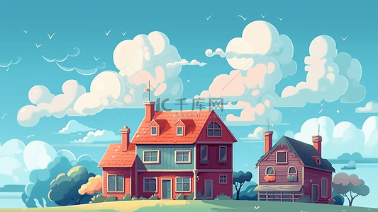 房子天空插画背景