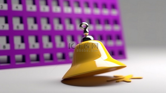 可爱的 3D 渲染紫色日历，白纸上有空白复选框和欢快的黄色响铃提醒