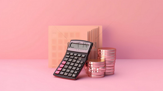 储蓄背景图片_粉红色背景的 3D 渲染图像与计算器钱包货币图表图投资储蓄和财务概念