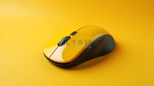 黄色背景上充满活力的 3D 渲染中的模型就绪无线计算机鼠标