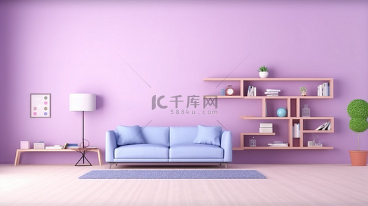 家具元素背景图片_柔和的客厅的 3D 渲染，配有充满活力的紫色沙发和墙上色彩缤纷的装饰元素