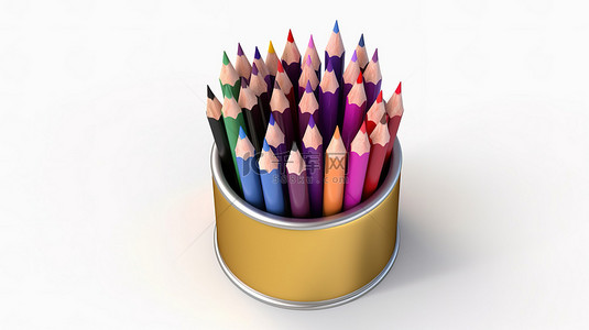 彩色铅笔背景图片_白色背景上隔离的三角形金属盒的 3D 插图，里面装满了彩色铅笔