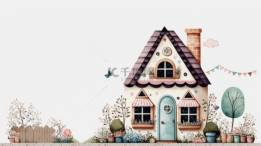 建筑房子卡通背景图片_房子卡通粉色水彩风格背景