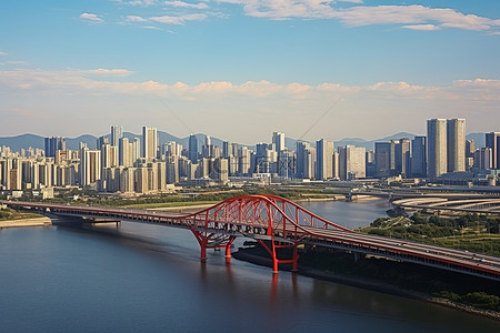 国际互认联合标背景图片_河上的一座桥，上面行驶着汽车