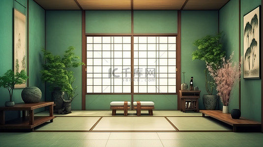 日本日式背景图片_日本日式绿色房间室内设计 3D 渲染杰作