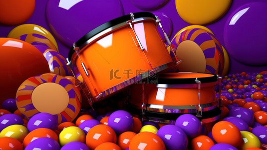 充满活力的紫色背景，带有 3D 渲染的橙色鼓和彩色球