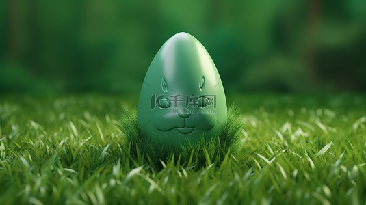 长尾巴兔子背景图片_欢乐的复活节庆祝活动 3d 渲染一个长着可爱兔耳朵的绿草蛋