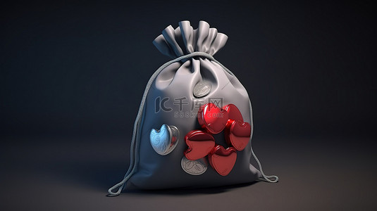 外国志愿者背景图片_3d 插图的心和一袋钱慈善渲染