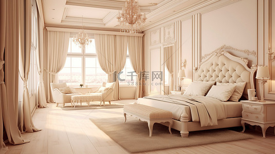 现代米色卧室内饰的帝国风格 3D 渲染