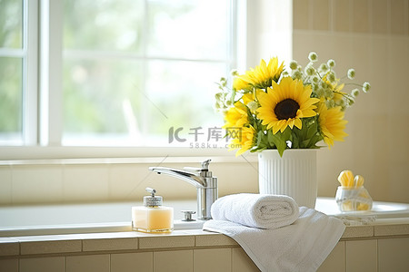 浴室毛巾背景图片_浴室里的郁金香和向日葵