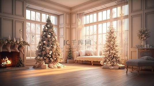 带树壁炉和客厅的舒适圣诞场景的 3D 渲染
