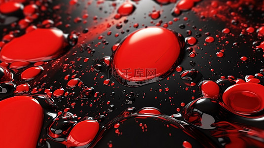 精致华丽背景图片_黑色飞溅背景中的动态红色水滴精致而华丽的 3D 渲染非常适合当代和时尚设计