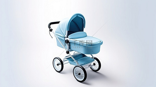 玩具卡通背景图片_蓝色婴儿车婴儿车和婴儿车的当代白色背景 3D 渲染