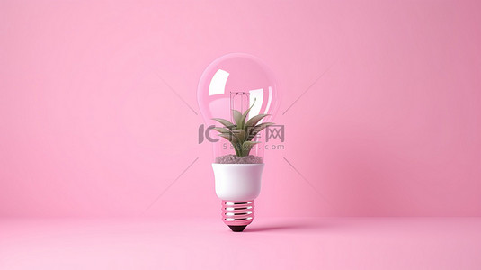 3d 最小概念一个灯泡从粉红色孤立背景下的花盆中发芽