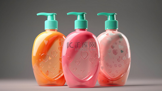 液体肥皂包装的 3D 渲染，带有由塑料瓶制成的气泡和心形口音