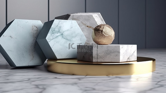 3D 几何大理石支架和蜂窝背景上的产品展示