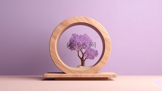 光滑的木质展示架，带有圆形窗口和流行的紫色叶子 3D 渲染