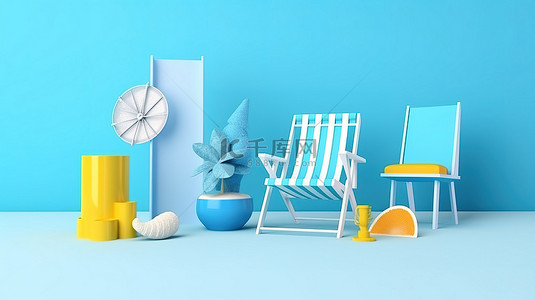 暑假概念的简约 3D 渲染，以彩色沙滩椅和蓝色模型显示屏上的元素为特色