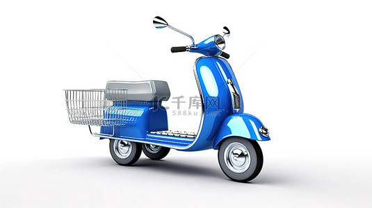 电动摩托车背景图片_电动或老式蓝色滑板车放置在购物车中，背景为 3D 呈现的白色