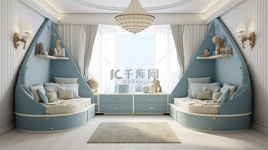 优雅的双人儿童卧室，配有 3D 可视化蓝色和牛奶色两张单人床