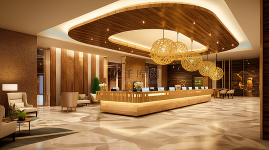 当代酒店接待木柜台和华丽的镀金吊灯 3D 渲染